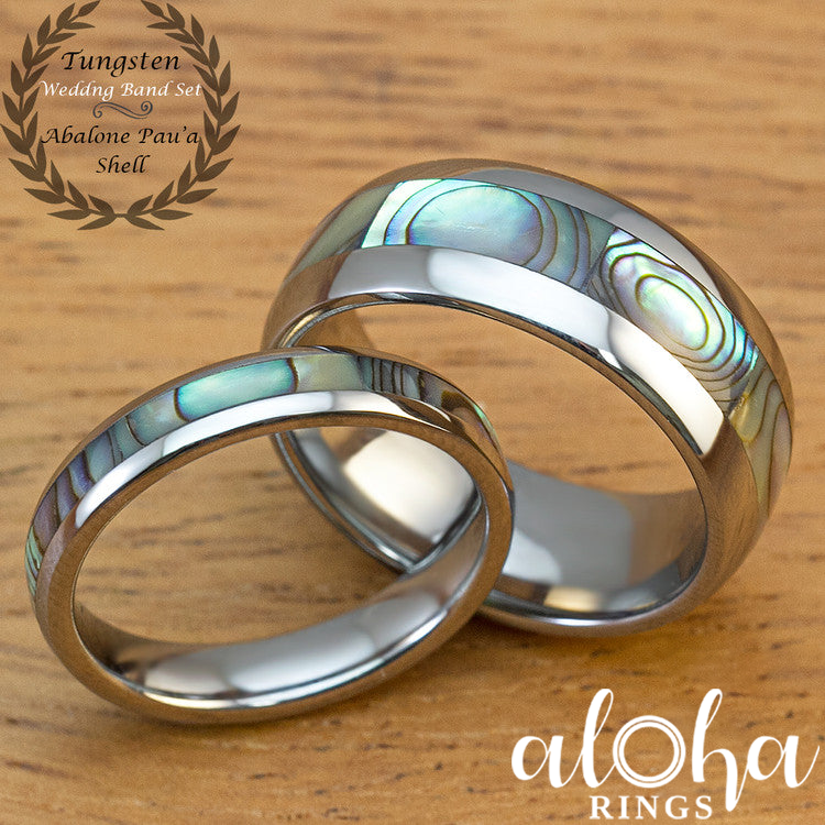 Pair of 4 8mm Abalone Shell Tungsten Carbide Couple Wedding Band Set Dome Shape Comfort Fitment