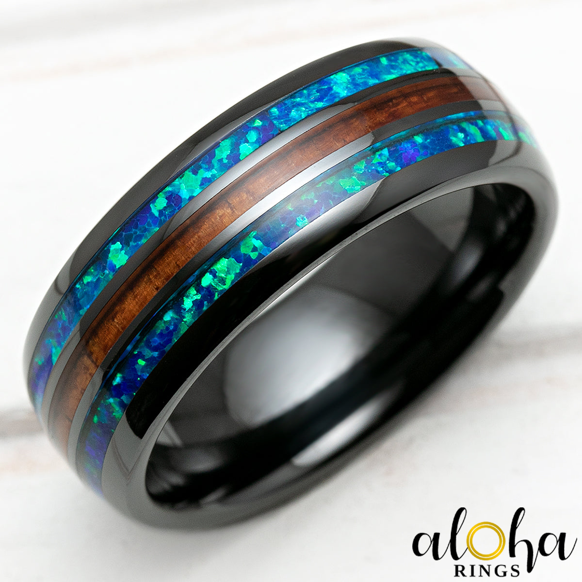 HI TECH Black Ceramic Ring with Blue Opal Hawaiian Koa Wood Tri Inla ALOHA RINGS Hawaiian Jewelry