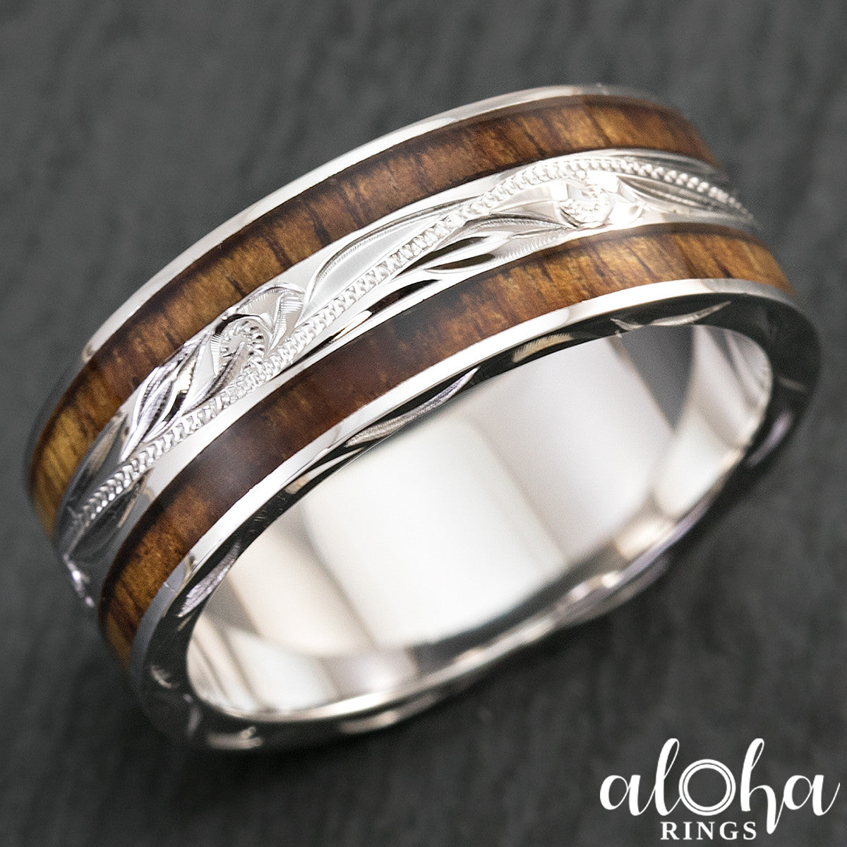 10K White Gold Hand Engraved Hawaiian Jewelry Ring with Duo