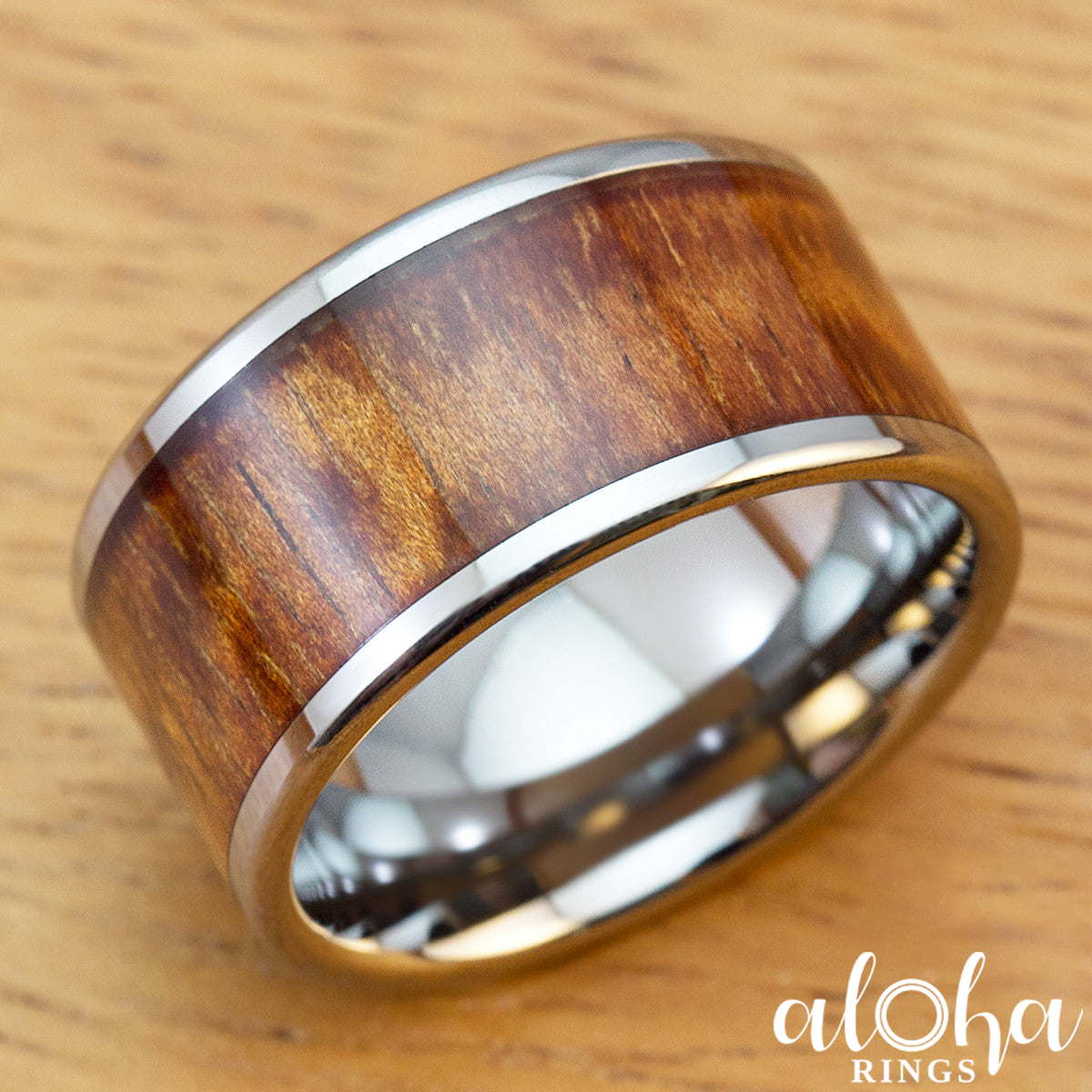 Tungsten Carbide Ring with Koa Wood Inlay 12mm Flat Shape ALOHA RINGS Hawaiian Jewelry