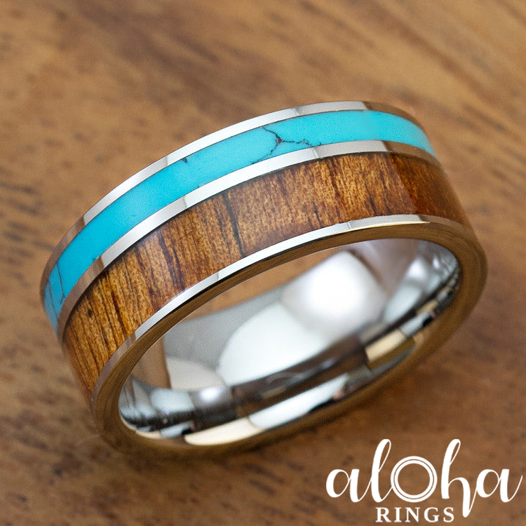Tungsten Carbide Ring with Koa Wood and Turquoise Inlay