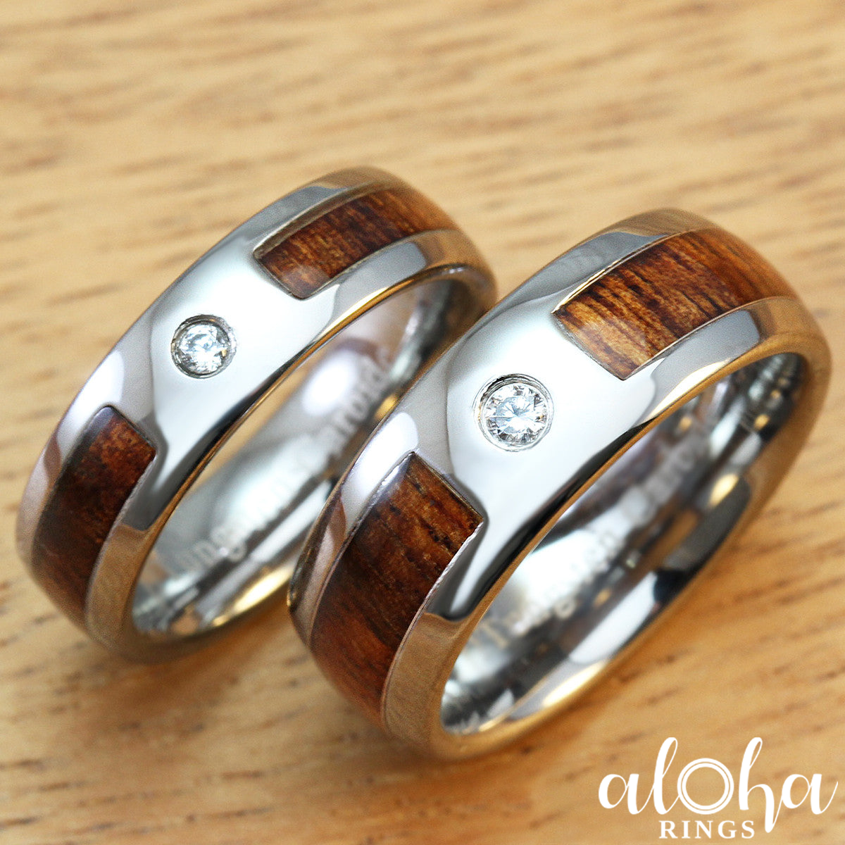Pair of Cubic Zirconia Tungsten Rings with Hawaiian Koa Wood Inlay, 6 ...