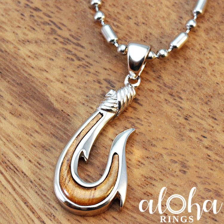Silver Fish Hook Pendant with Koa Wood Inlay (Small) – ALOHA RINGS