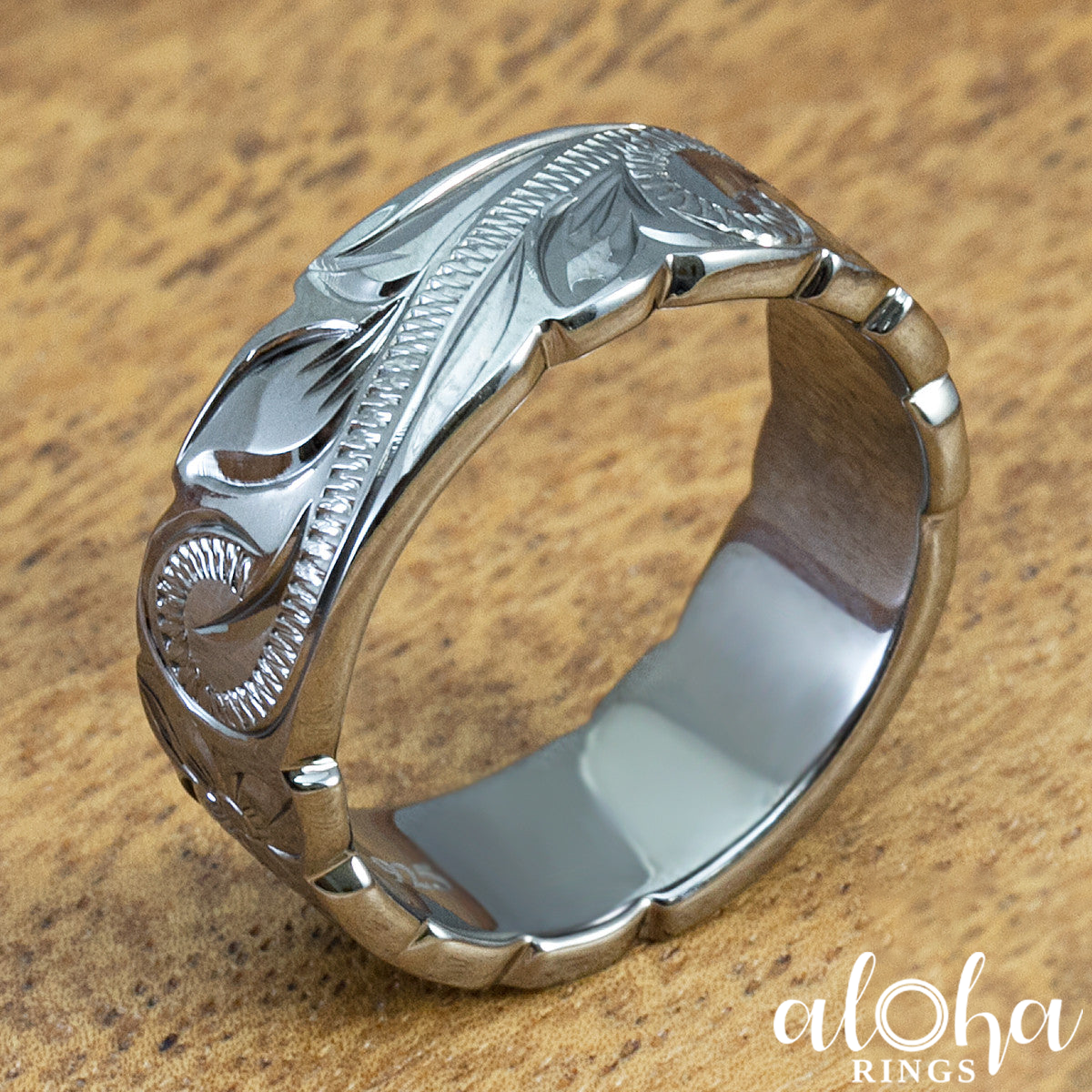 Sterling Silver Black Rhodium 8mm Ring Hand Engraved Hawaiian